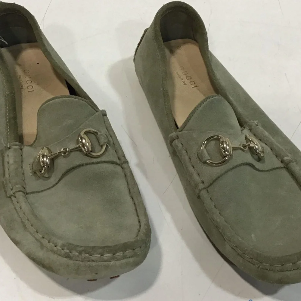 Men’s Gucci Olive Suede HorseBit Loafers Driving Shoes Size 39.5